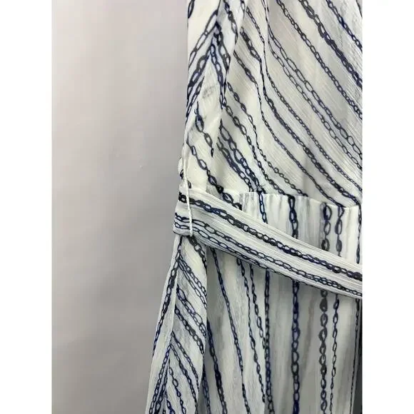 DKNY Wrap Dress, Blue White Chain Stripe, Sleeveless, Belted Asymmetrical Hem - Picture 5 of 13